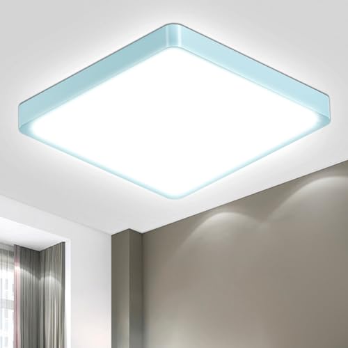 LED-Deckenleuchte mit quadratischem, flachem Lichtpanel und blauem Rahmen