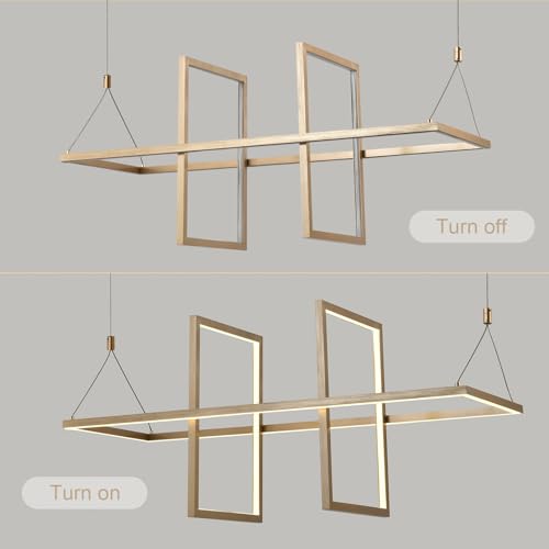 Goldene LED-Pendelleuchte mit breitem Rahmen und vier rechteckigen Glaselementen