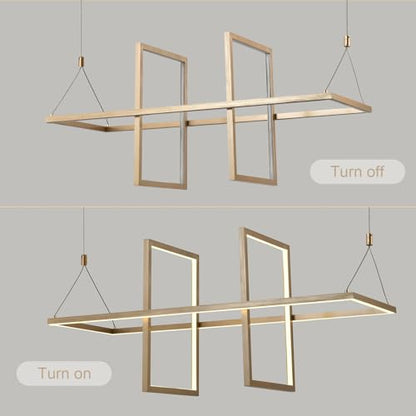 Goldene LED-Pendelleuchte mit breitem Rahmen und vier rechteckigen Glaselementen