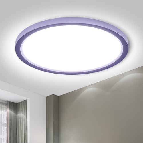 Runde LED-Deckenleuchte LQWELL mit flachem Ring und lila Rand, gleichmäßigem Licht