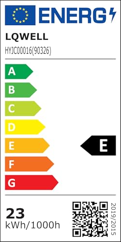 Energieeffizienzlabel LQWELL, Klasse E, 23 kWh/1000h, QR-Code.