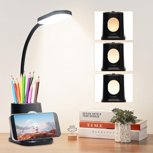 LQWELL® LED-Schreibtischlampe in Schwarz mit Stifthalter und Smartphone-Halter.