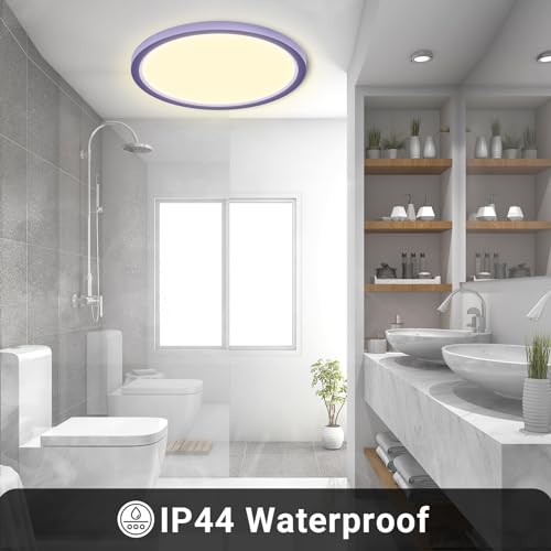 LED-Deckenleuchte IP44 mit violettem Ring, warmweißes Licht