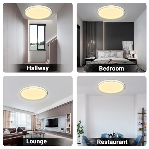 Runde flache LED-Deckenleuchte mit warmweißem Licht, mehrere Einsatzansichten.