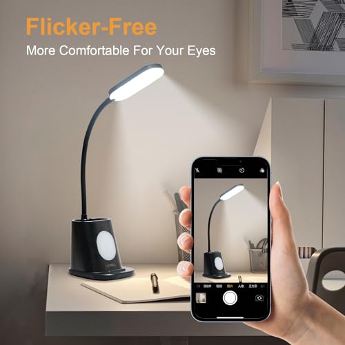 Schwarz LED-Schreibtischlampe mit flexibler Leuchte und Smartphone-Halter.