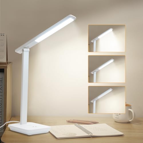 LED-Schreibtischlampe, weiß, mit ausgerichtetem Leuchtenstab und breiter Standbasis