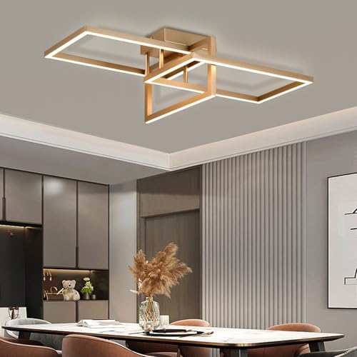 Goldfarbene geometrische Deckenleuchte mit LED-Rechteckleisten und Metallrahmen