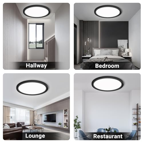 Runde LED-Deckenleuchte, schwarze Einfassung, kompakt und flach an der Decke