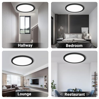 Runde LED-Deckenleuchte, schwarze Einfassung, kompakt und flach an der Decke