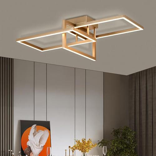 Moderne Deckenleuchte mit goldfarbenem geometrischem Rahmen und LED-Lichtleisten, flach