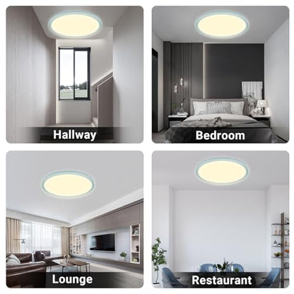 Mehrere runde LED-Deckenleuchten in verschiedenen Räumen, warmweiß leuchtend