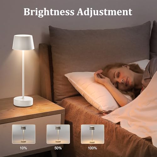 Weiße LED-Tischlampe mit einstellbarer Helligkeit und Touch-Funktion, auf Holzplatte
