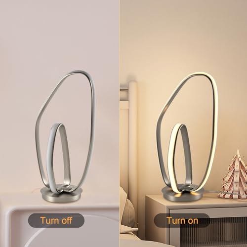 Tischlampe mit LED-Ring, Ansicht ein- und ausgeschaltet, mattem Sandnickel