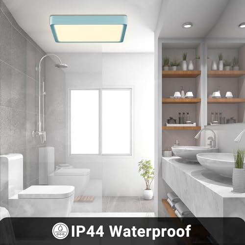 Quadratische LED-Deckenleuchte mit blauem Rahmen im Bad, flaches Design, helles Licht