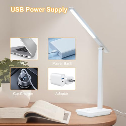 LED-Schreibtischlampe mit USB-Stromversorgung, Leuchtenarm über Tisch und Buch