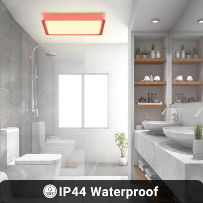 Quadratische LED-Deckenleuchte mit rotem Rahmen, IP44, für feuchte Räume
