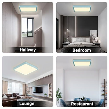 Quadratische LED-Deckenleuchte mit blauem Rahmen, flach, in mehreren Raumansichten