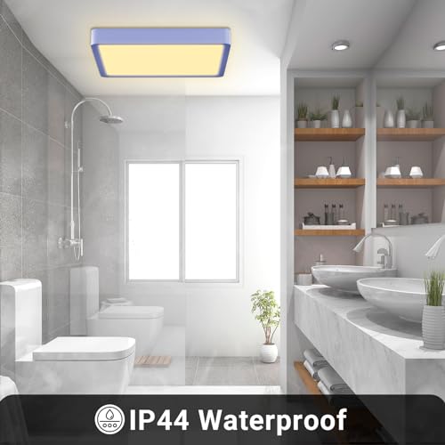 Quadratische LED-Deckenleuchte, flach, blau eingefasst, IP44 gegen Spritzwasser.