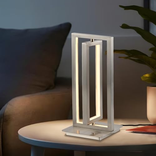 Tischlampe mit LED, rechteckiger Metallrahmen in mattes Sandnickel, warmes Licht