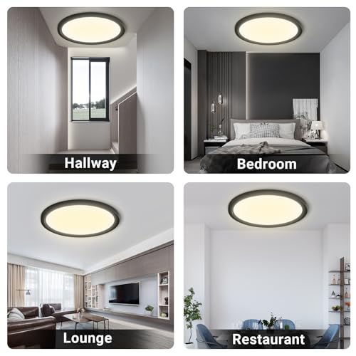 Runde LED-Deckenleuchte mit schwarzem Außenring, in verschiedenen Räumen montiert