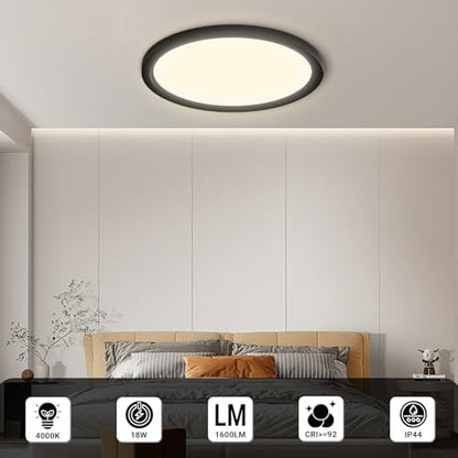 Runde LED-Deckenleuchte mit schwarzem Ring, flach an der Decke montiert