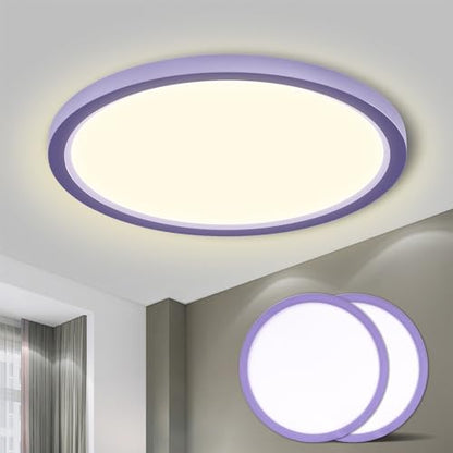 Flache runde LED-Deckenleuchte mit lila Außenring und leuchtender Lichtscheibe