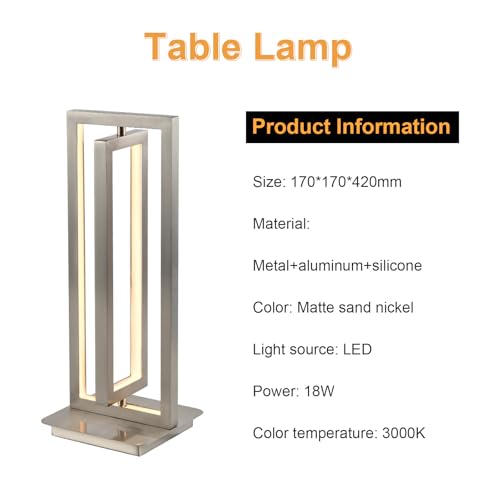 Tischlampe mit LED, rechteckiger Metallrahmen, mattes Sandnickel, warmweißes Leuchten