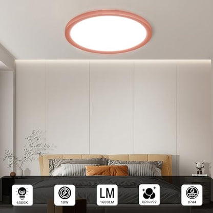 Flache runde LED-Deckenleuchte mit rosafarbenem Rahmen, an der Decke montiert