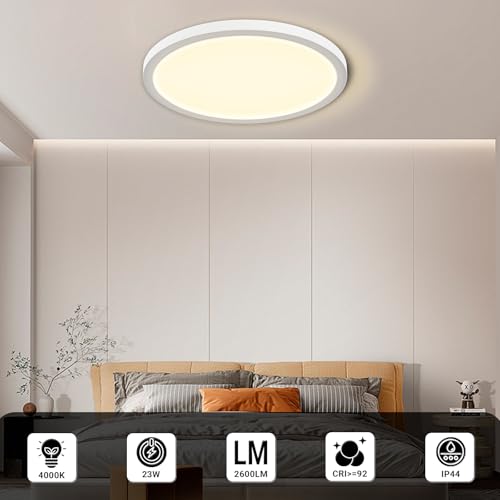 Runde LED-Deckenleuchte, flaches Profil, warmweiß leuchtende Scheibe, weißes Gehäuse