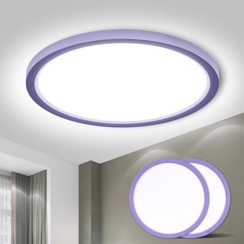 Runde LED-Deckenleuchte mit flachem Profil und lila Außenring