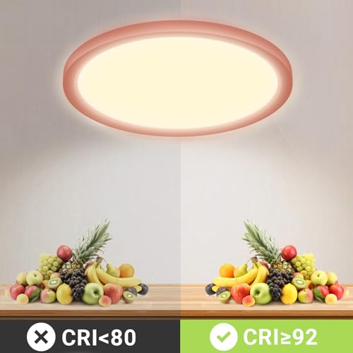 LED-Deckenleuchte, rund-flach; warmweißes Kreislicht mit CRI-Detailanzeige