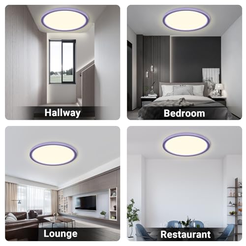 Runde flache LED-Deckenleuchte mit lila Außenring und gleichmäßigem Licht an der Decke