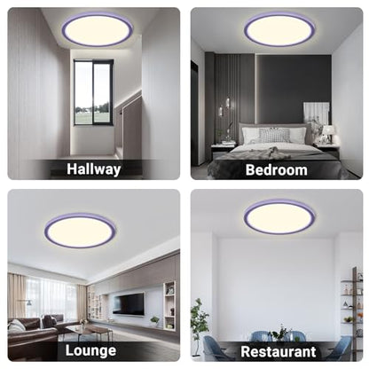 Runde flache LED-Deckenleuchte mit lila Außenring und gleichmäßigem Licht an der Decke