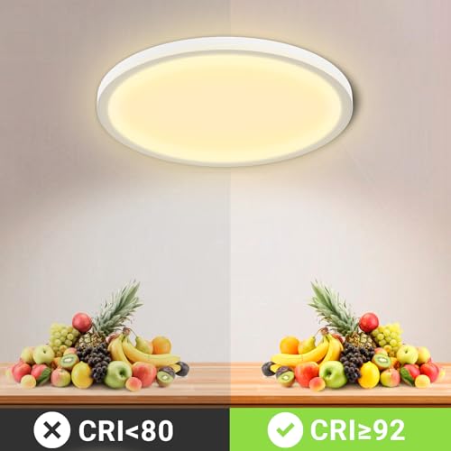Runde LED-Deckenleuchte, flach montiert, warmweißes Licht.