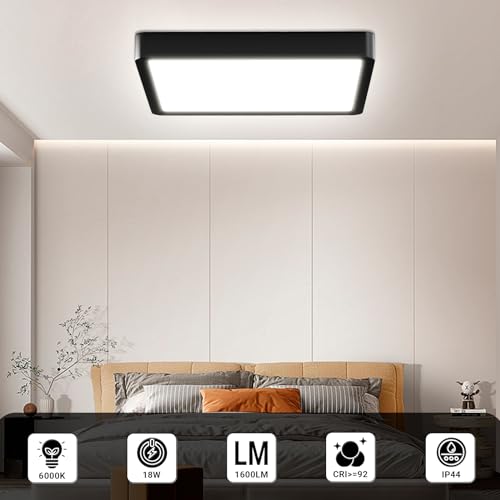 Flache quadratische LED-Deckenleuchte, schwarzer Rahmen, gleichmäßig leuchtende Fläche