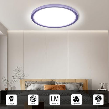 Runde LED-Deckenleuchte mit lila Rand, flach an der Decke, gleichmäßiges Licht
