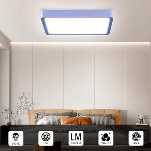 Flache quadratische LED-Deckenleuchte mit blauem Rand, gleichmäßig ausgeleuchtet