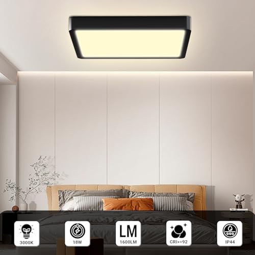 Flache quadratische LED-Deckenleuchte mit schwarzem Rahmen, warmweiß, IP44