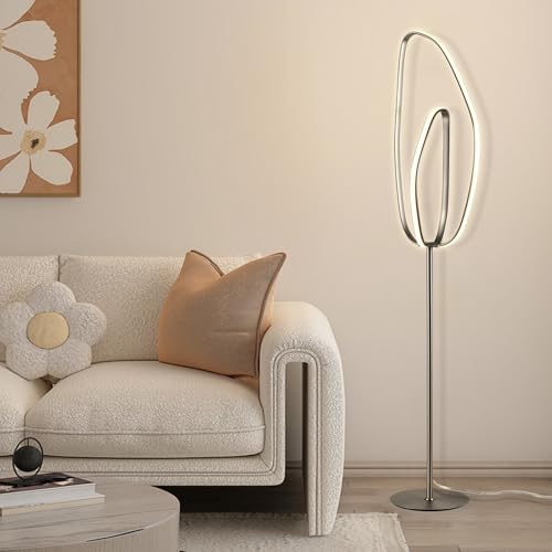 LED-Stehlampe mit ovalem Leuchtbügel am schlanken Stiel, warmes Licht