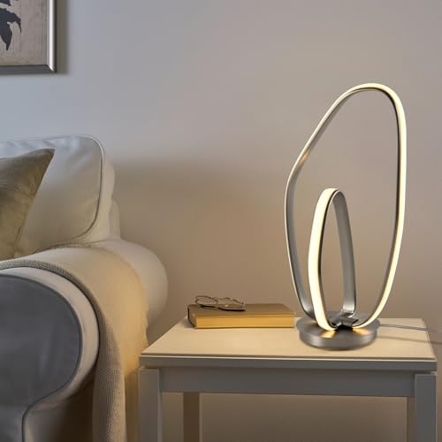 Tischlampe aus Metall in mattem Sandnickel mit ovalem LED-Ring und Fuß