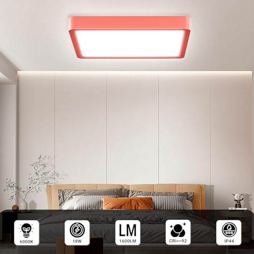 LQWELL® LED-Deckenleuchte, flach, roter Rahmen, mit 6000K- und IP44-Icons