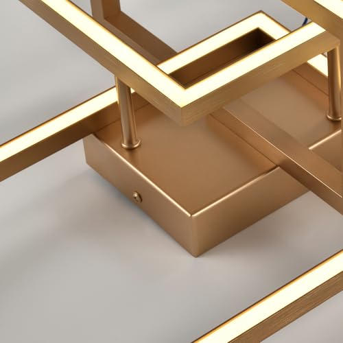Detailansicht: goldfarbene LED-Deckenleuchte mit warmweißen Lichtleisten und Metallrahmen