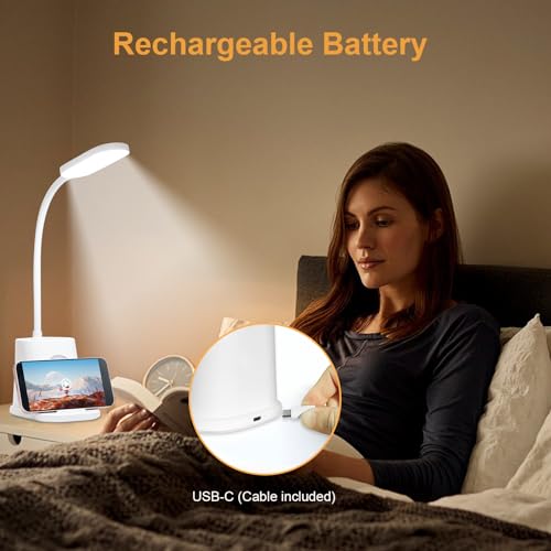 Akkubetriebene LED-Schreibtischlampe in Weiß mit Lichtkreis und Handy im Halter