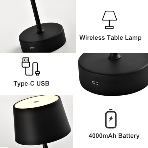 LED-Tischlampe schwarz, Type-C USB, 4000 mAh Akku, kabellos