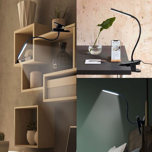 Klemmlampe mit gebogenem Leuchtenkopf und breiter Klemme, schwarz