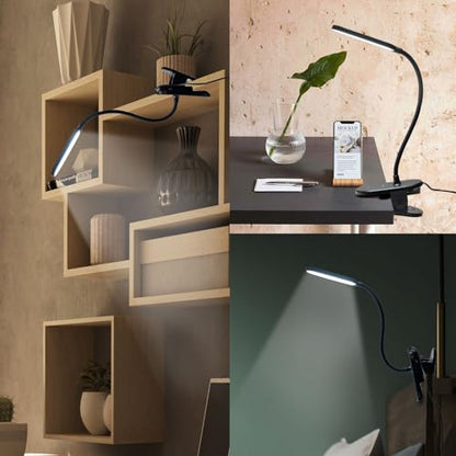 Klemmlampe mit gebogenem Leuchtenkopf und breiter Klemme, schwarz