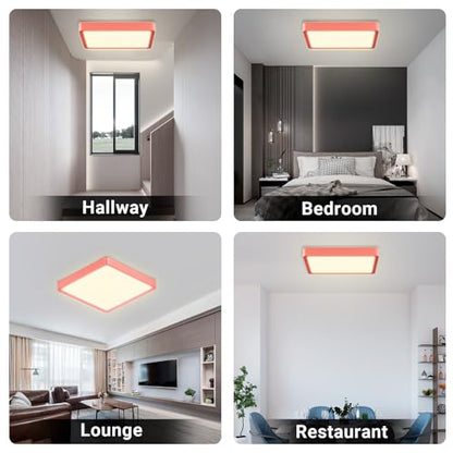 LED-Deckenleuchte mit rotem Rahmen und rechteckig-quadratischer Leuchtfläche, flach