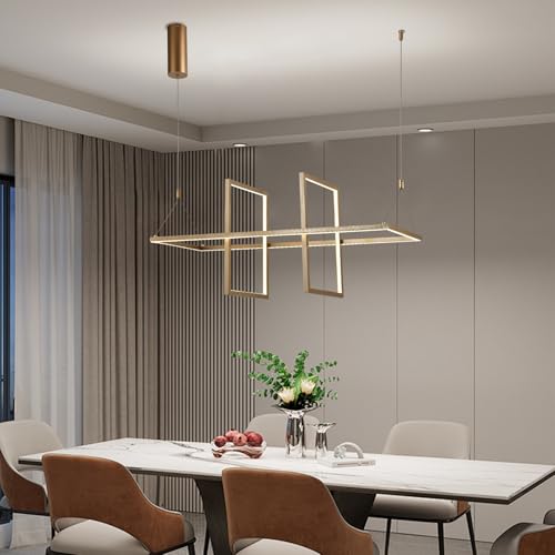 Goldene LED-Pendelleuchte mit breitem Balkenrahmen und vier rechteckigen Glaseinsätzen