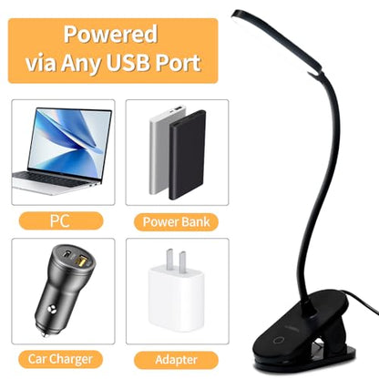 USB-versorgte Klemmlampe mit gebogenem Leuchtenarm und Fußklemme, schwarz