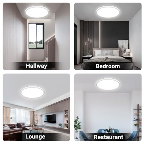 Runde flache LED-Deckenleuchte, an verschiedenen Decken in Wohnräumen gezeigt.